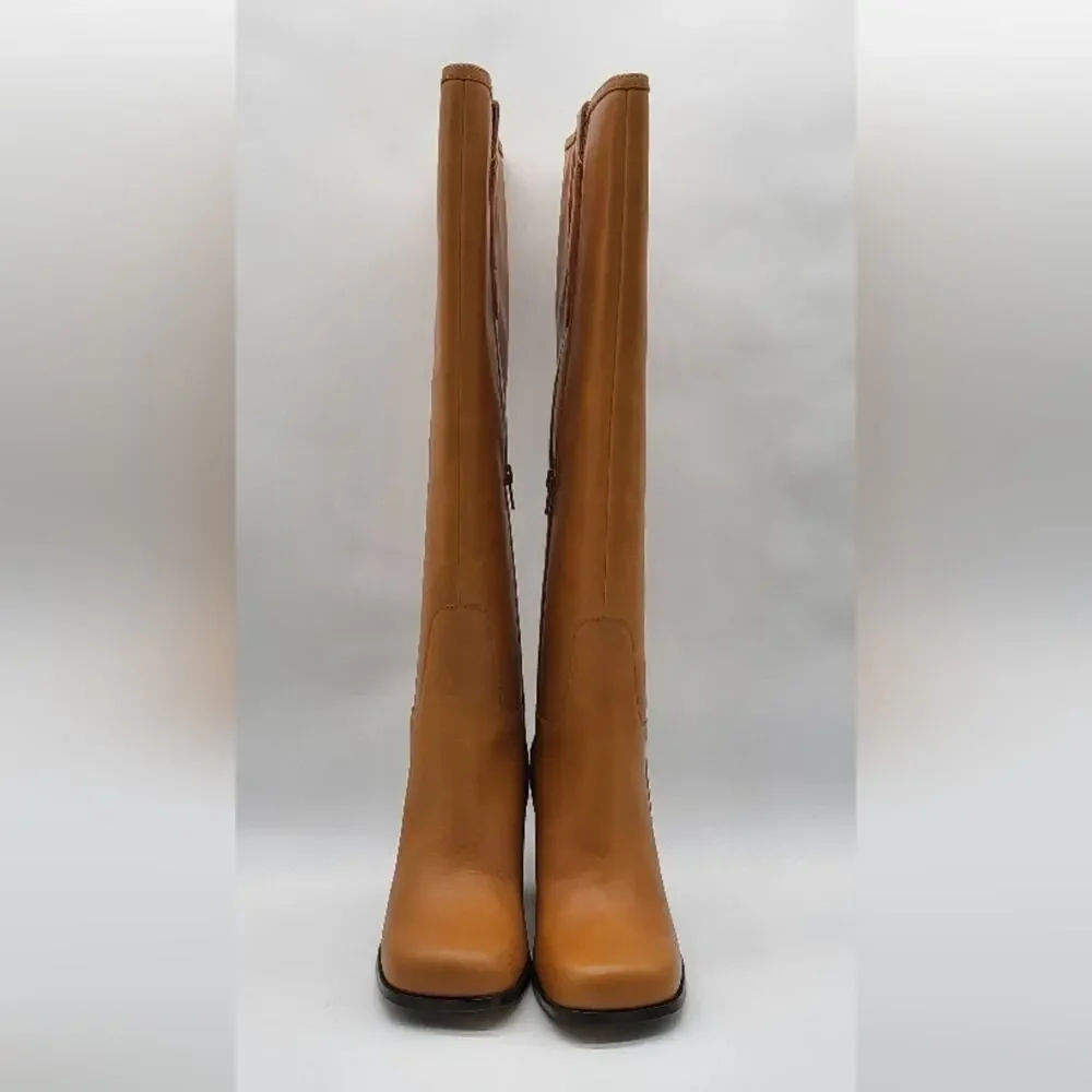 Free People Naomi Tall Heel Boots Taupe Leather Size 8.5 Knee High Block Heel